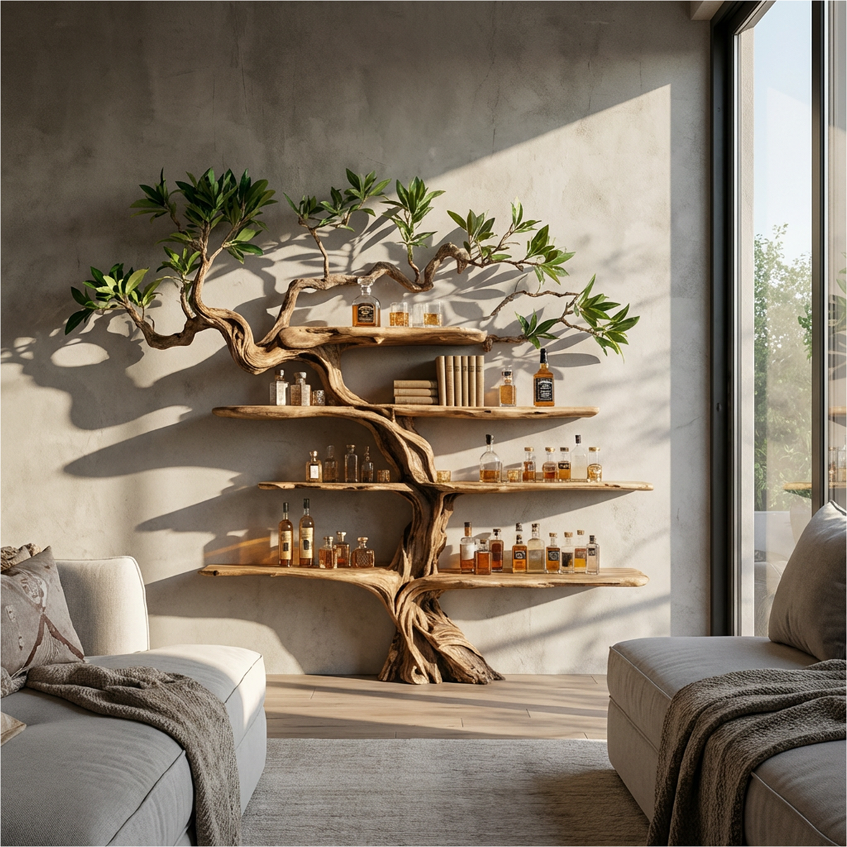 Wine Rack Wall Shelf, Nature Inspired Tree Branch Wood Bar Display