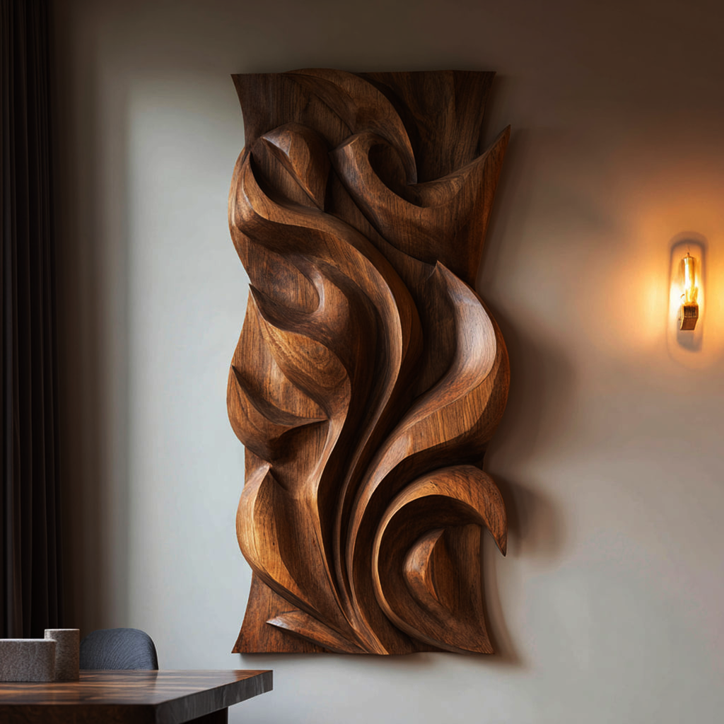 Layered Circle Carved Wood Wall Panel, 18 x 48 Inch Vertical Art