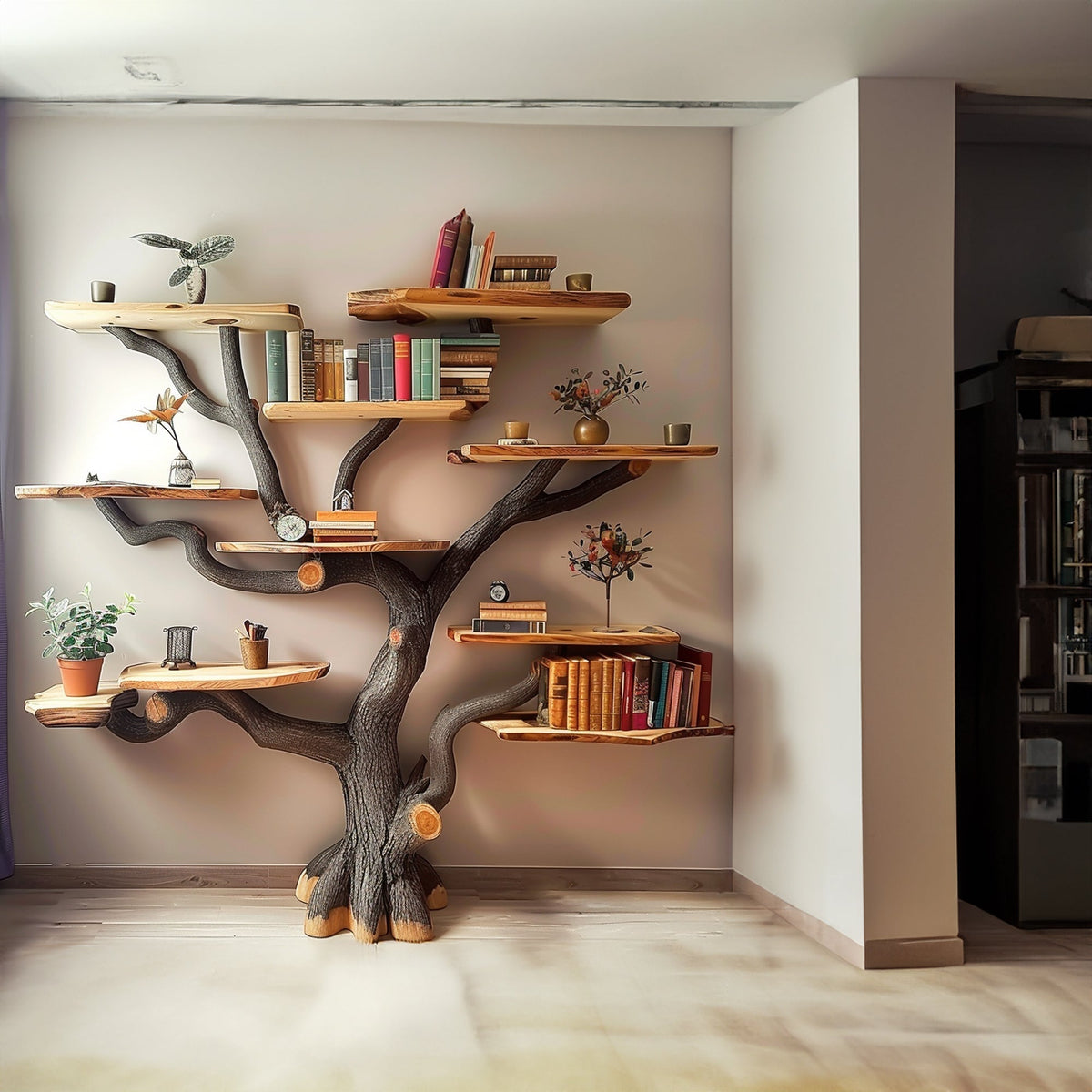 Dark Brown Branch Wall Bookcase for Feature Walls, 72 in Wide