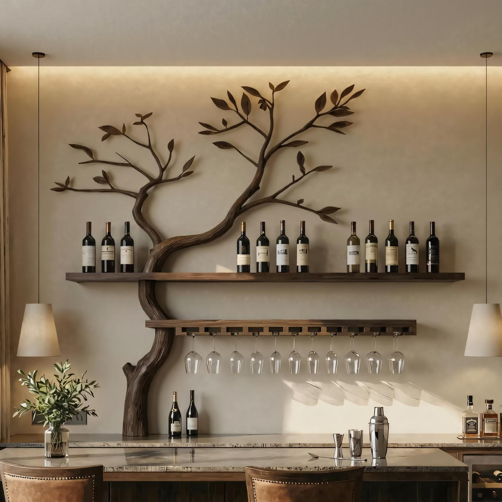 Monkey Pod Wood Tree Wall Wine Rack With Bottle And Glass Display