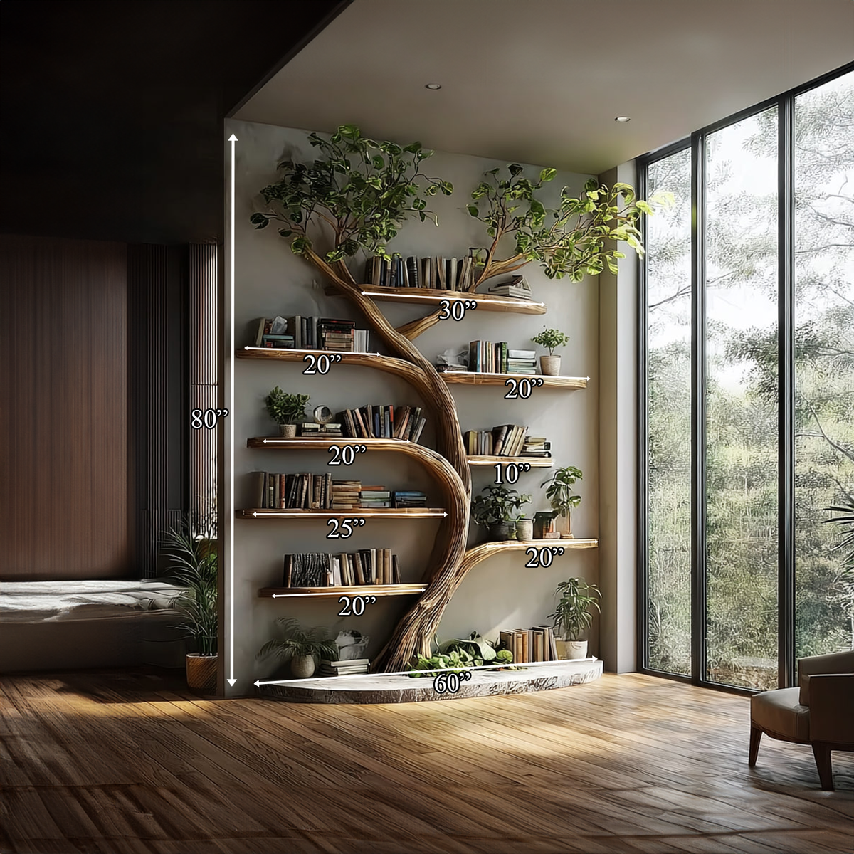 Large Tree Bookcase, Rustic Branch Wall Shelf for Guest Room