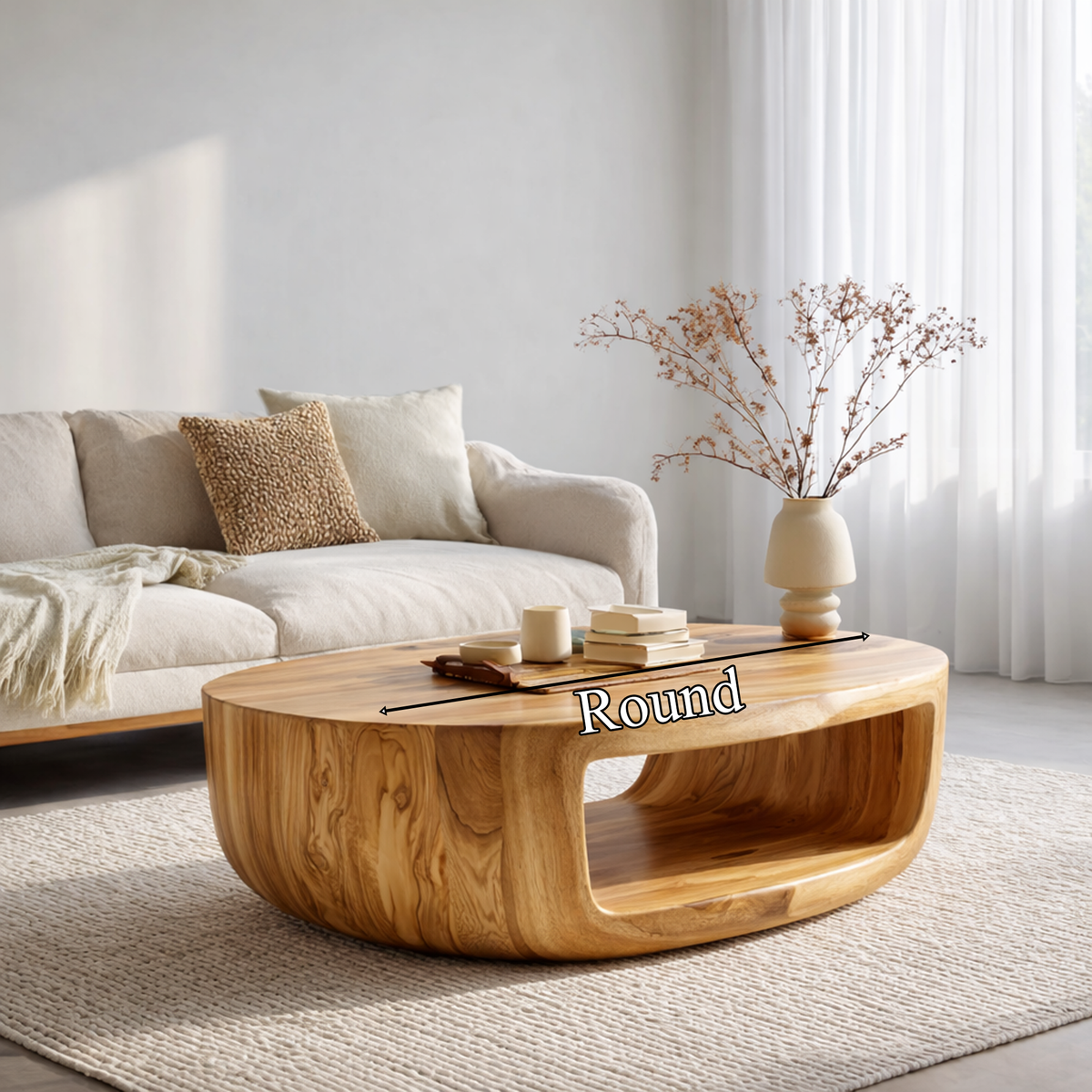 Curved Shell Solid Wood Coffee Table Calm Contemporary Living Room Interior