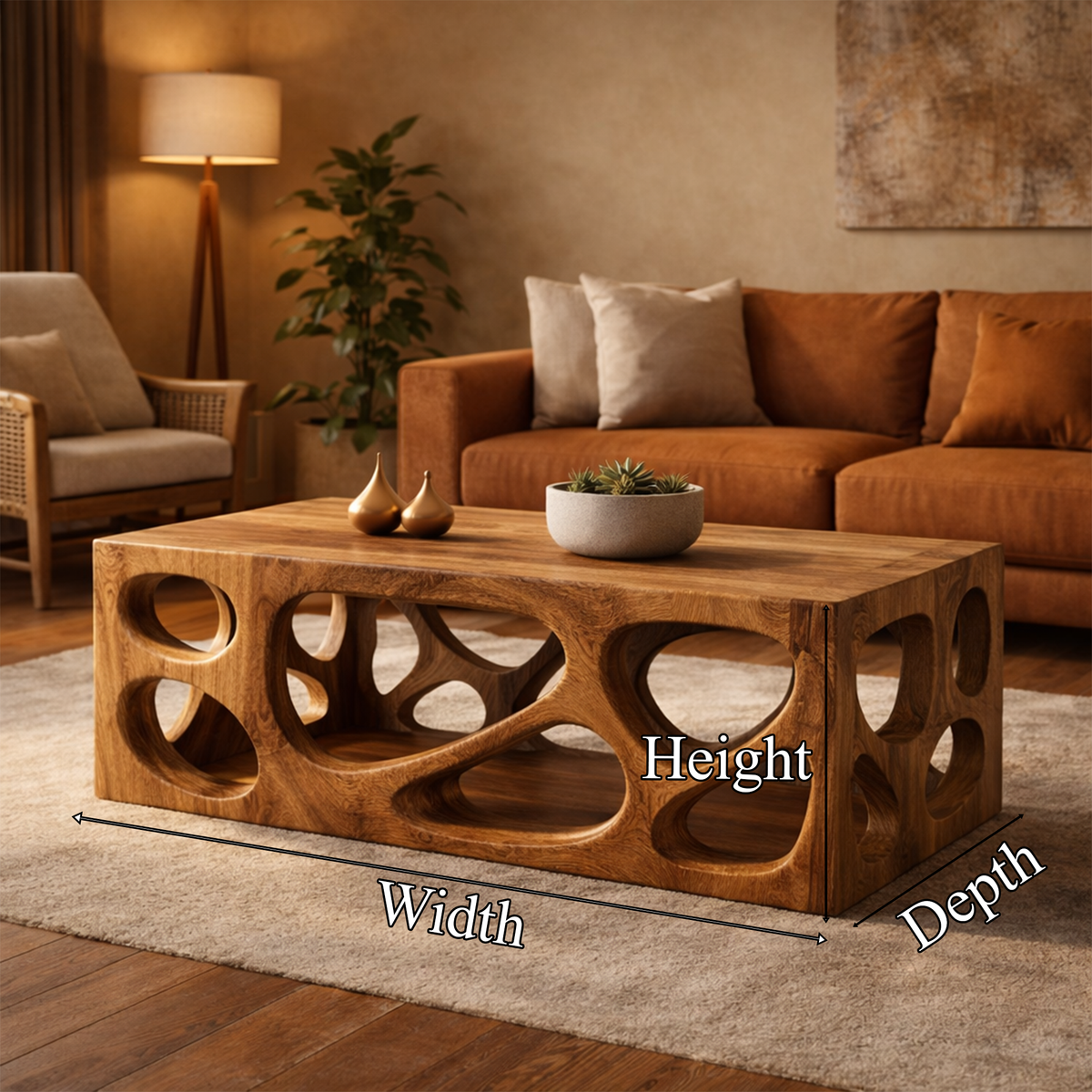 Architectural Carved Solid Wood Coffee Table Organic Void Design Statement Living Room Interior