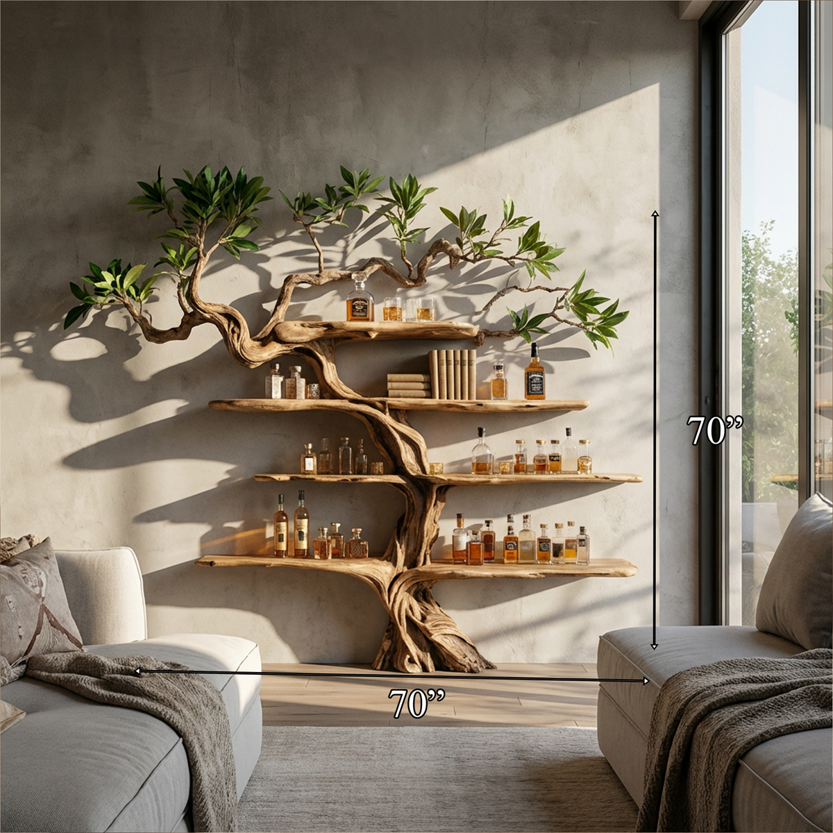 Wine Rack Wall Shelf, Nature Inspired Tree Branch Wood Bar Display