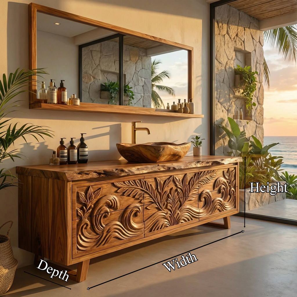 Luxury Tropical Hand Carved Solid Wood Bathroom Vanity Statement Cabinet