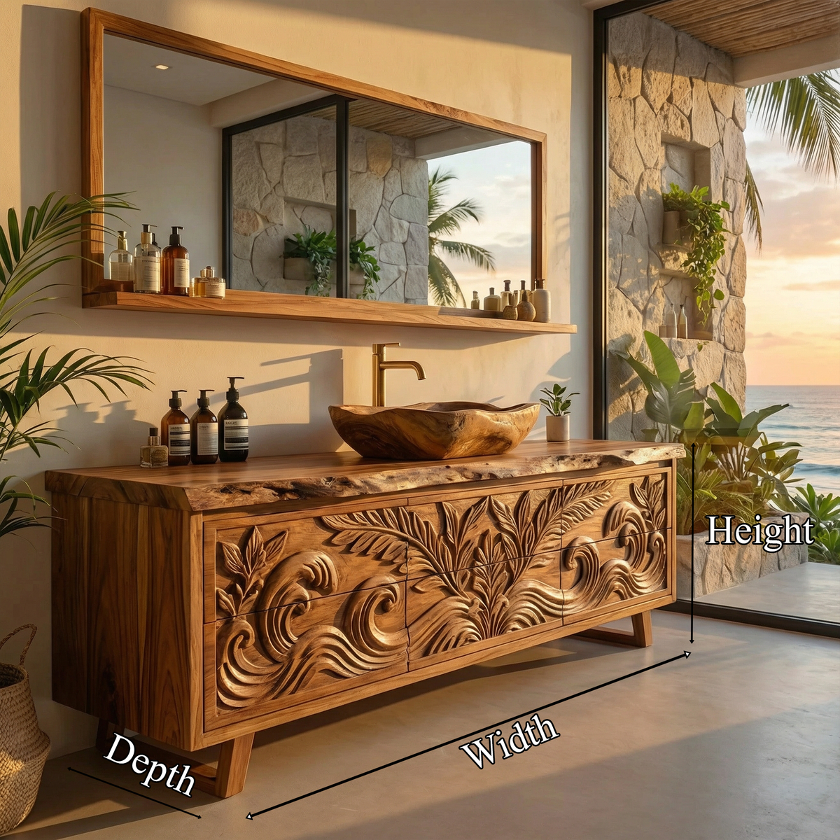 Luxury Tropical Hand Carved Solid Wood Bathroom Vanity Statement Cabinet