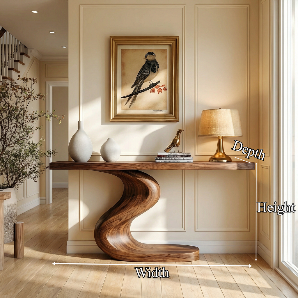 Fluid Carved Base Wood Console For Hallways, 30 To 70 Inch Wide