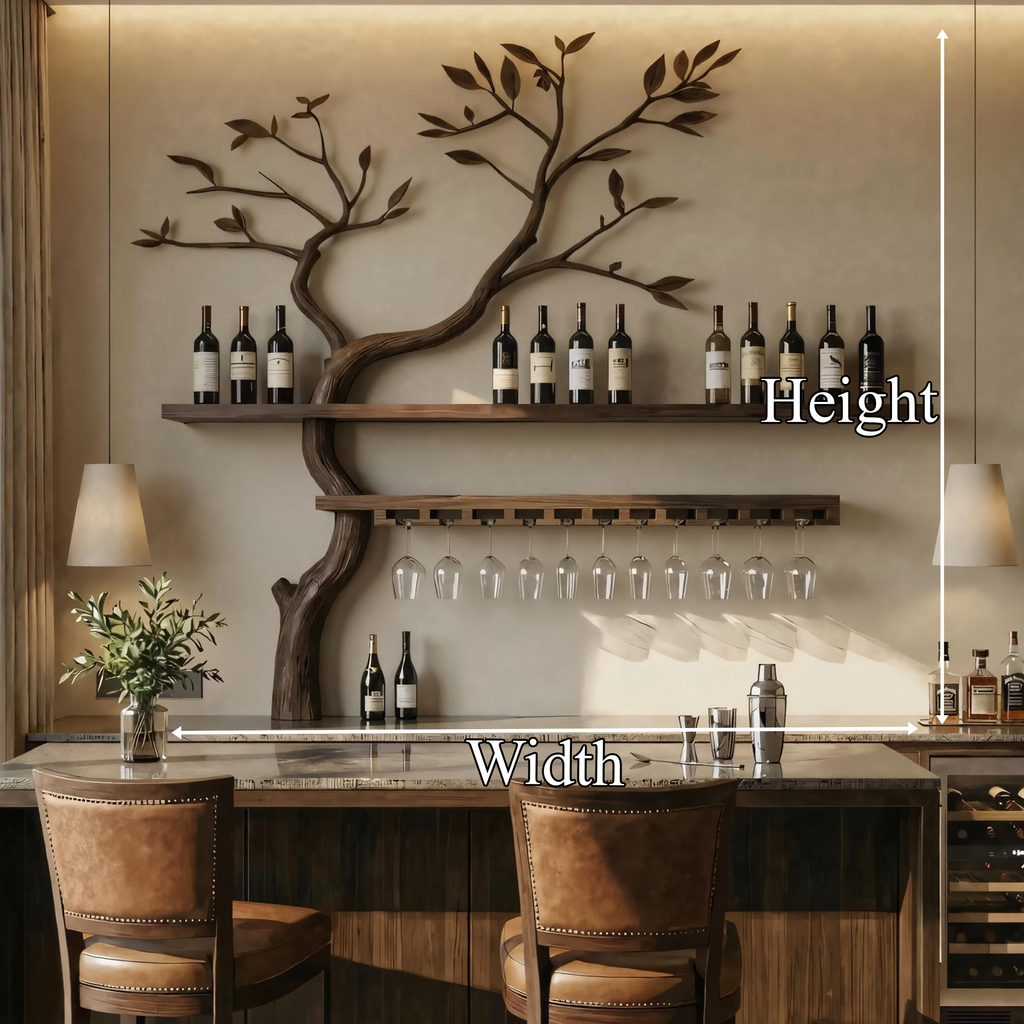 Monkey Pod Wood Tree Wall Wine Rack With Bottle And Glass Display