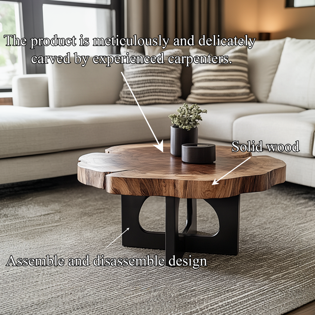 Live Edge Coffee Table, Solid Hardwood Slab with Black Sculptural Base