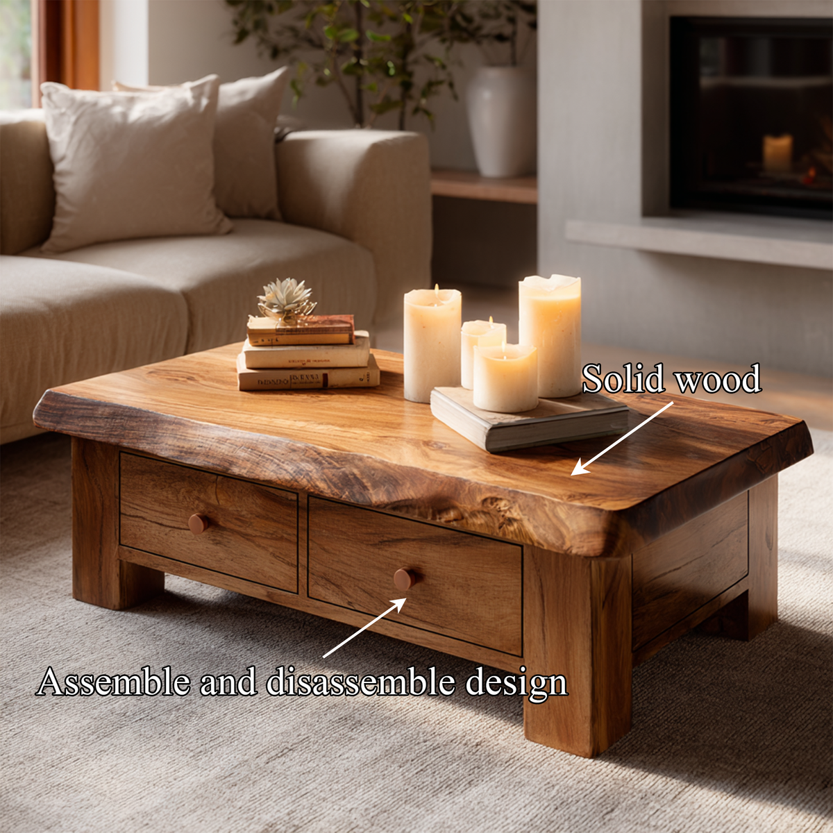 Tamarind Wood Coffee Table With Storage Drawer, 30 To 50 Inch