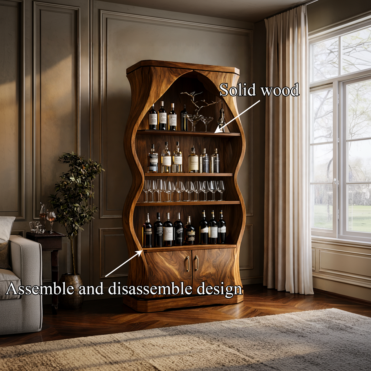 Mid-Century Solid Wood Bar Cabinet With Open Bottle Shelving