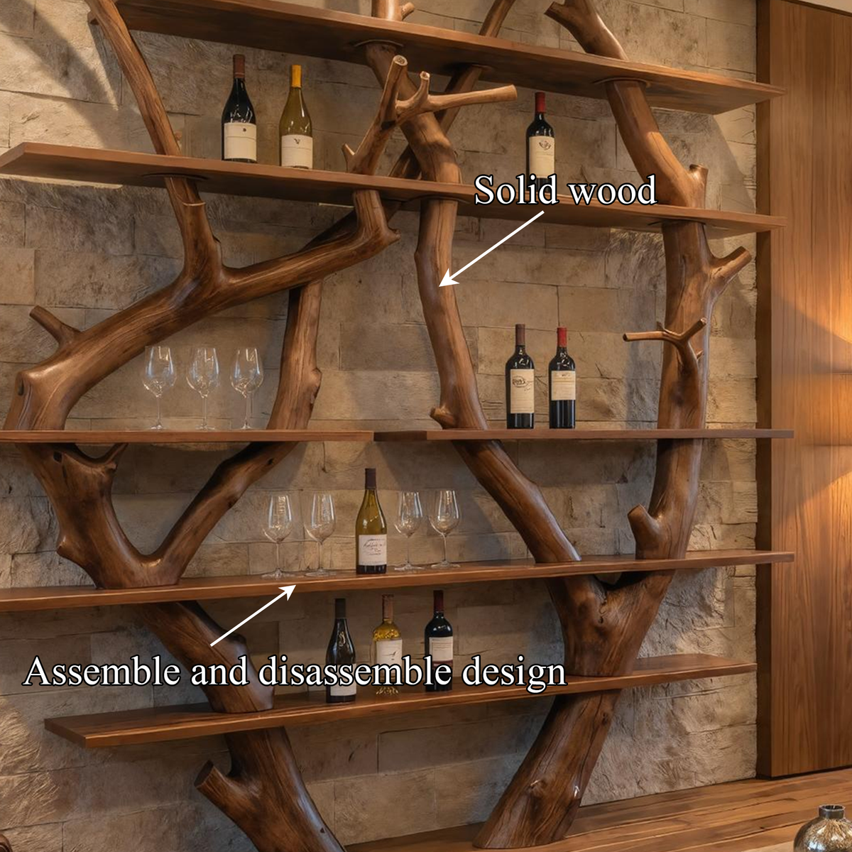 Large Wall Wine Rack, Contemporary Solid Wood Branch Bar Shelf