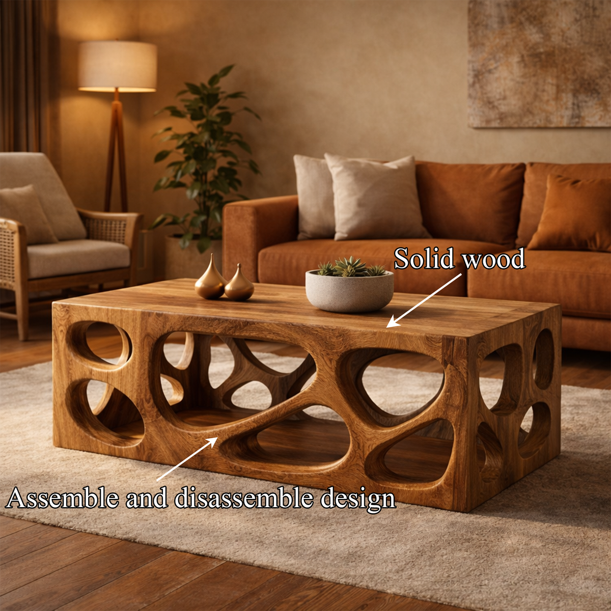 Architectural Carved Solid Wood Coffee Table Organic Void Design Statement Living Room
