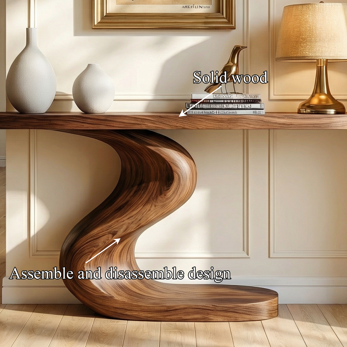 Fluid Carved Base Wood Console For Hallways, 30 To 70 Inch Wide