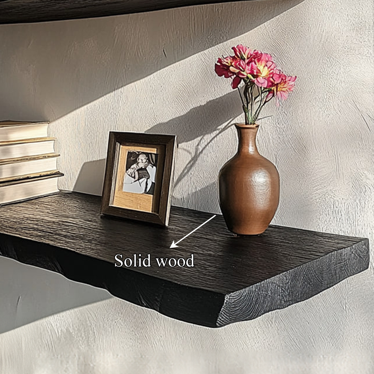 Black Live Edge Floating Shelf, Rustic Modern Solid Wood Wall Shelf