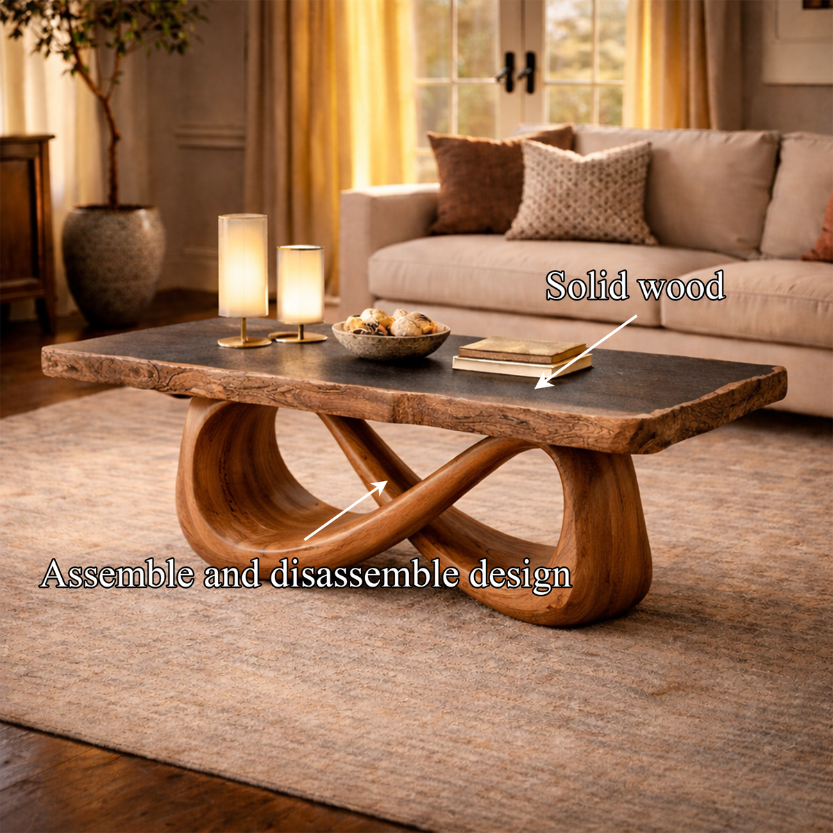 Sculptural Loop Coffee Table, Warm Modern Tamarind Wood Table