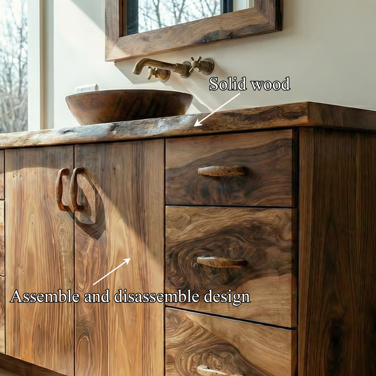 Rustic Bathroom Vanity Cabinet, Natural Grain Solid Wood Sink Storage