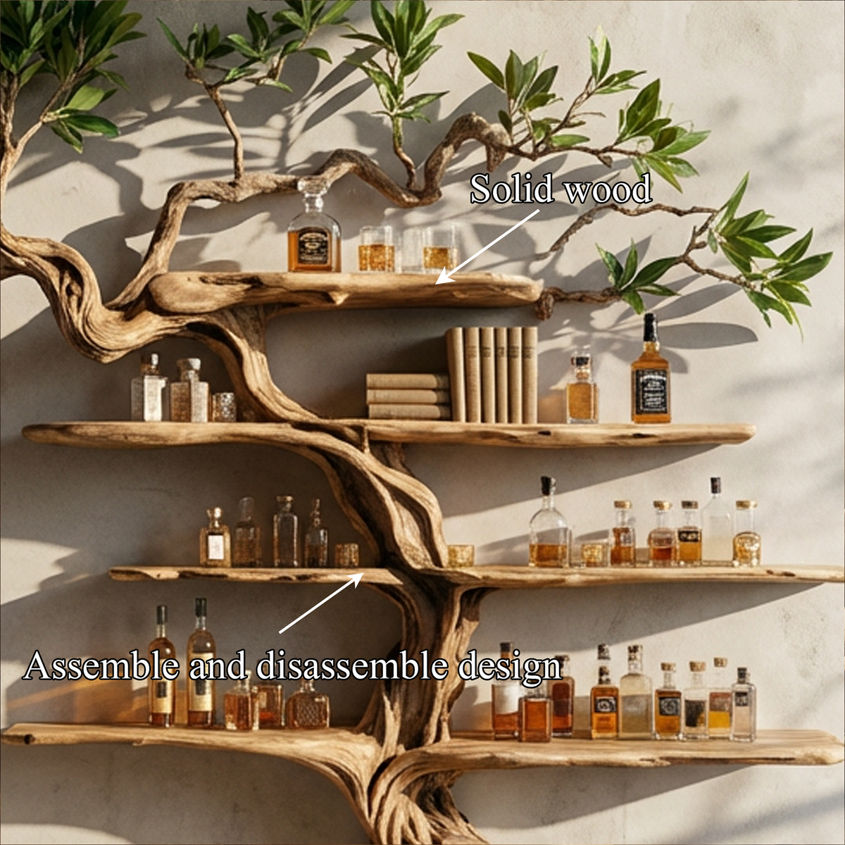 Wine Rack Wall Shelf, Nature Inspired Tree Branch Wood Bar Display