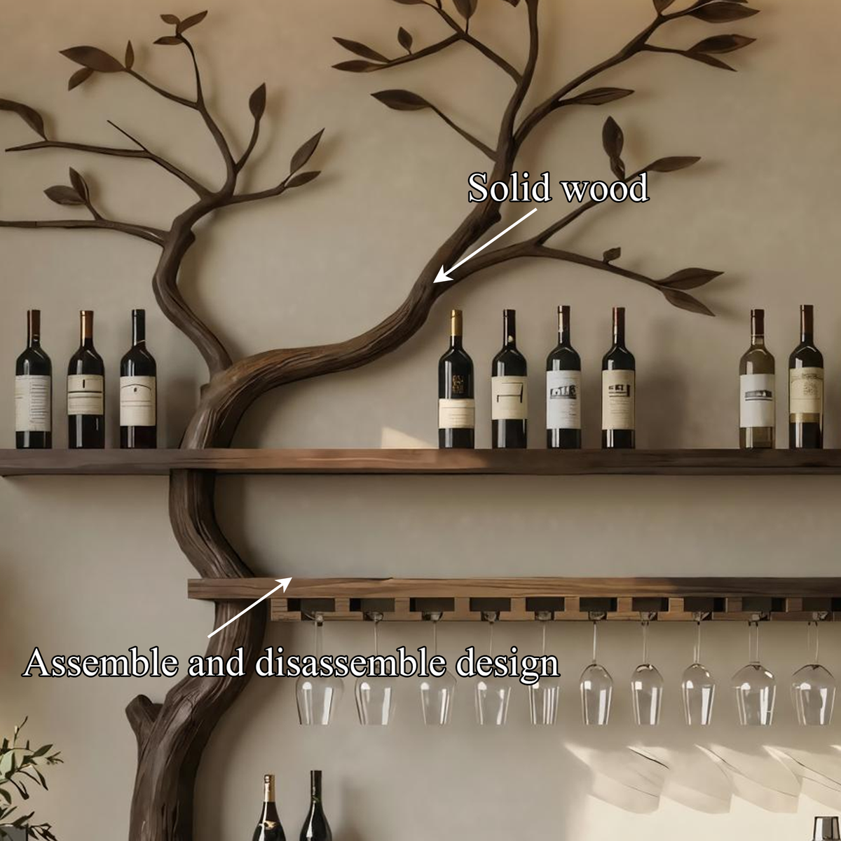 Artistic Tree Shaped Wooden Wall Wine Rack Bar Bottle Display Shelf Restaurant Bar Decor