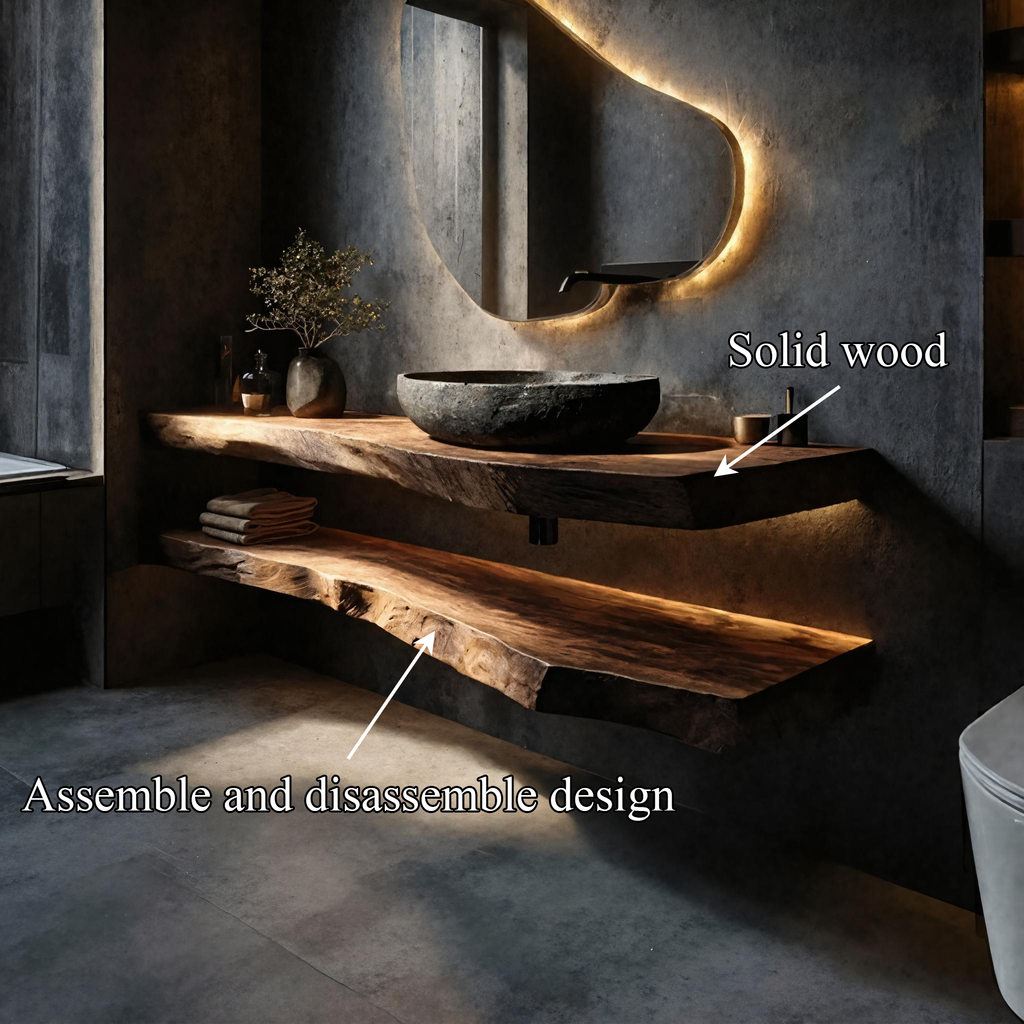 Live Edge Bathroom Vanity, Rustic Solid Wood Basin Stand with Shelf