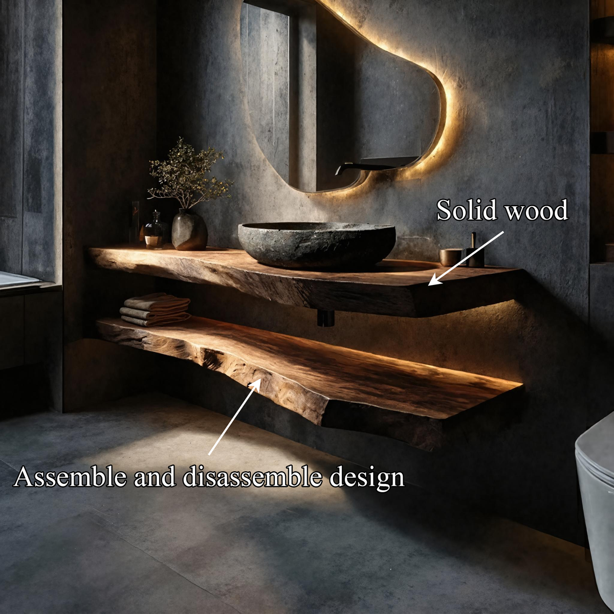 Live Edge Bathroom Vanity, Rustic Solid Wood Basin Stand with Shelf