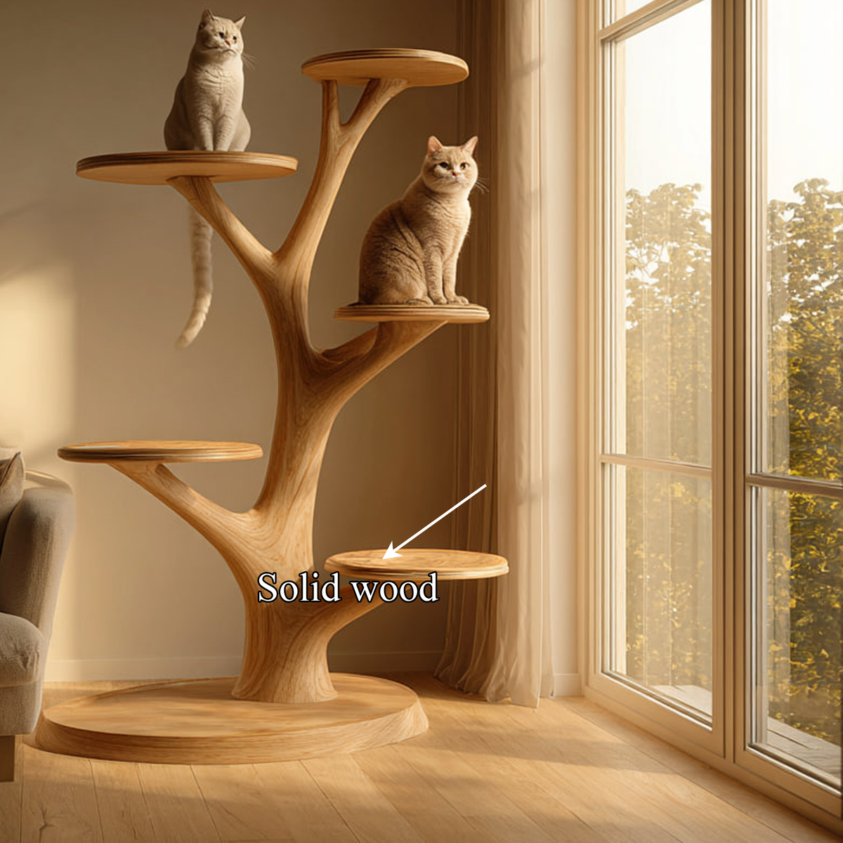 Wooden Cat Tree Tower, Rustic Solid Wood Cat Climber for Home