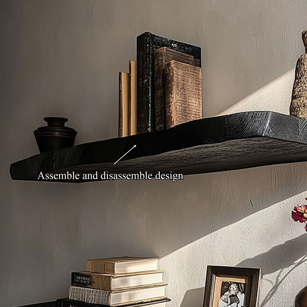 Black Live Edge Floating Shelf, Rustic Modern Solid Wood Wall Shelf
