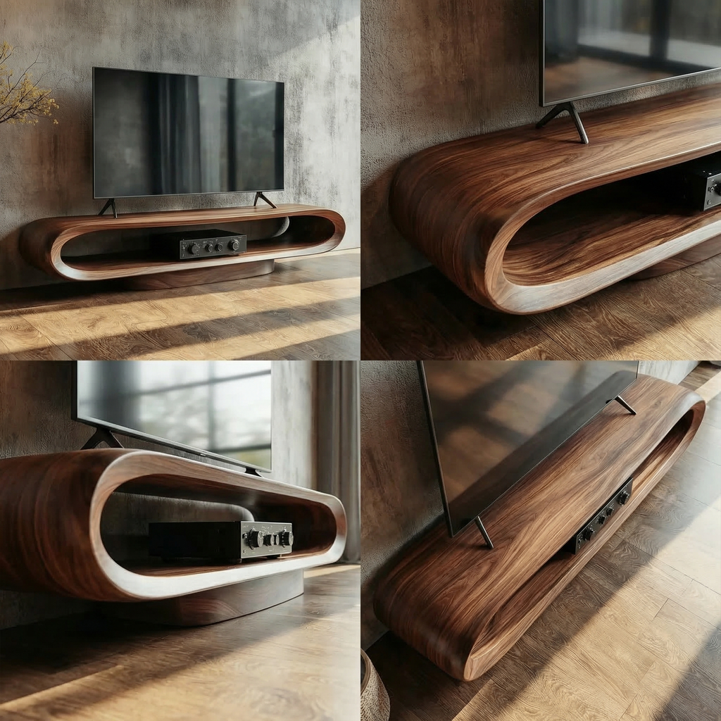 Low Profile Curved Edge Wooden Media Console For Living Rooms