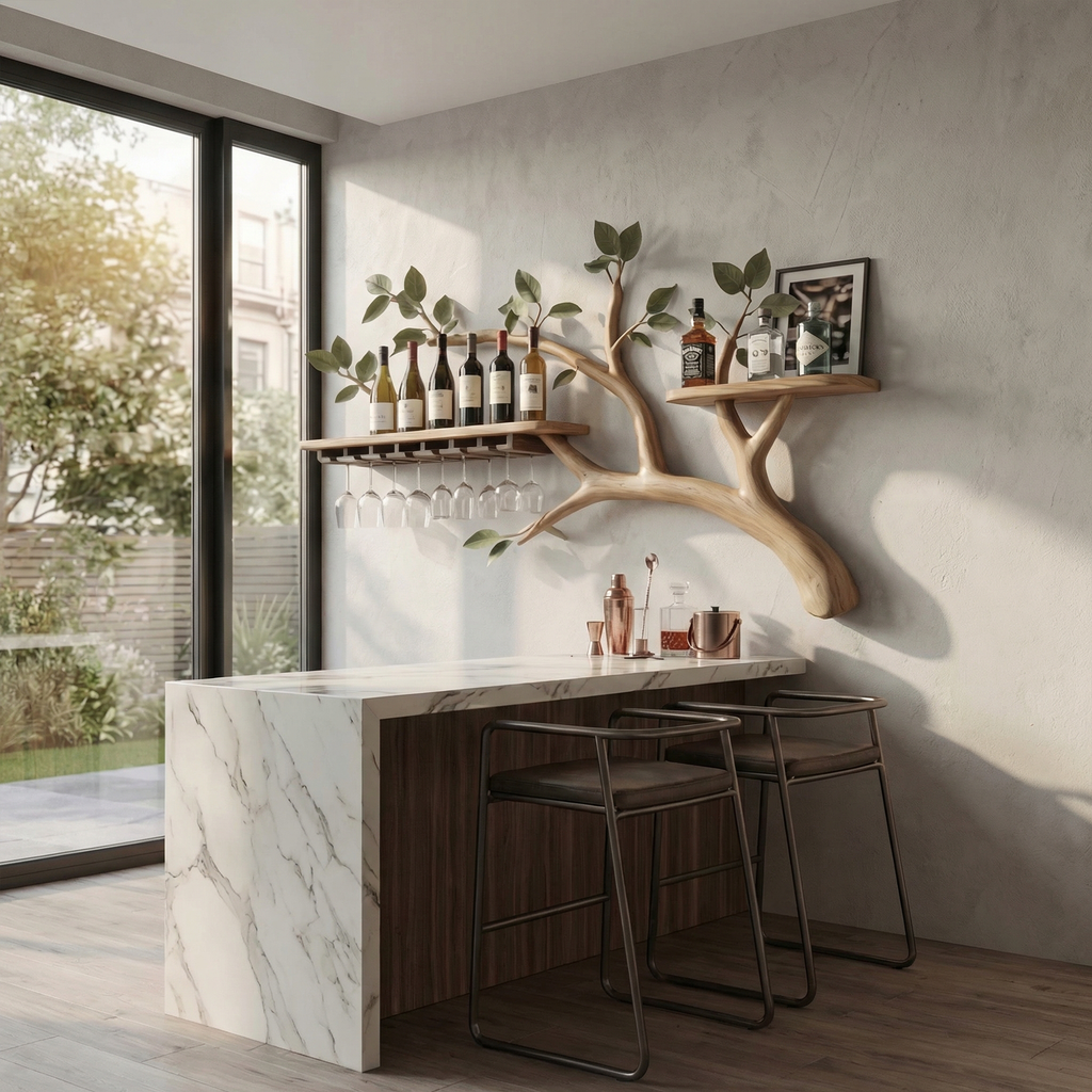 Farmhouse Tree Branch Wine Rack Wooden Wall Mounted Shelf For Kitchen Dining Room Home Bar