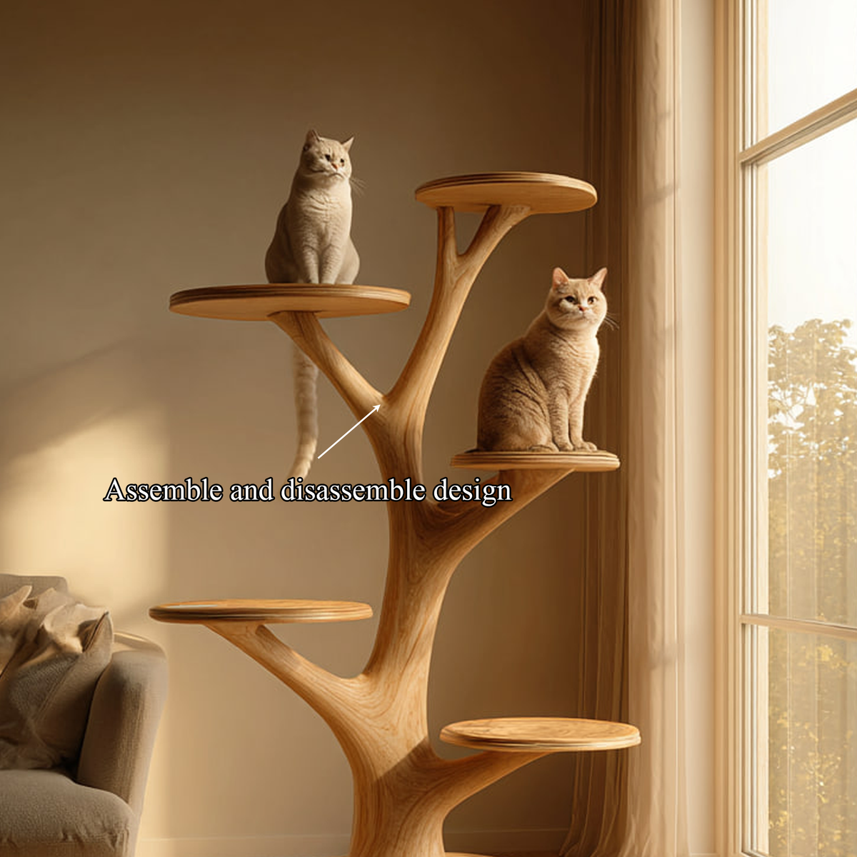 Wooden Cat Tree Tower, Rustic Solid Wood Cat Climber for Home