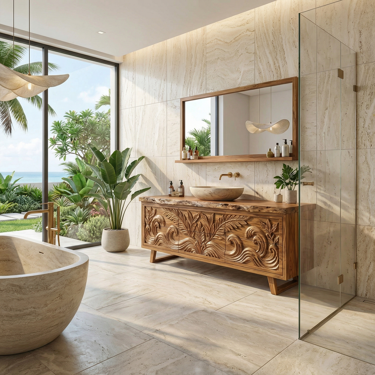 Luxury Tropical Hand Carved Solid Wood Bathroom Vanity Statement Cabinet