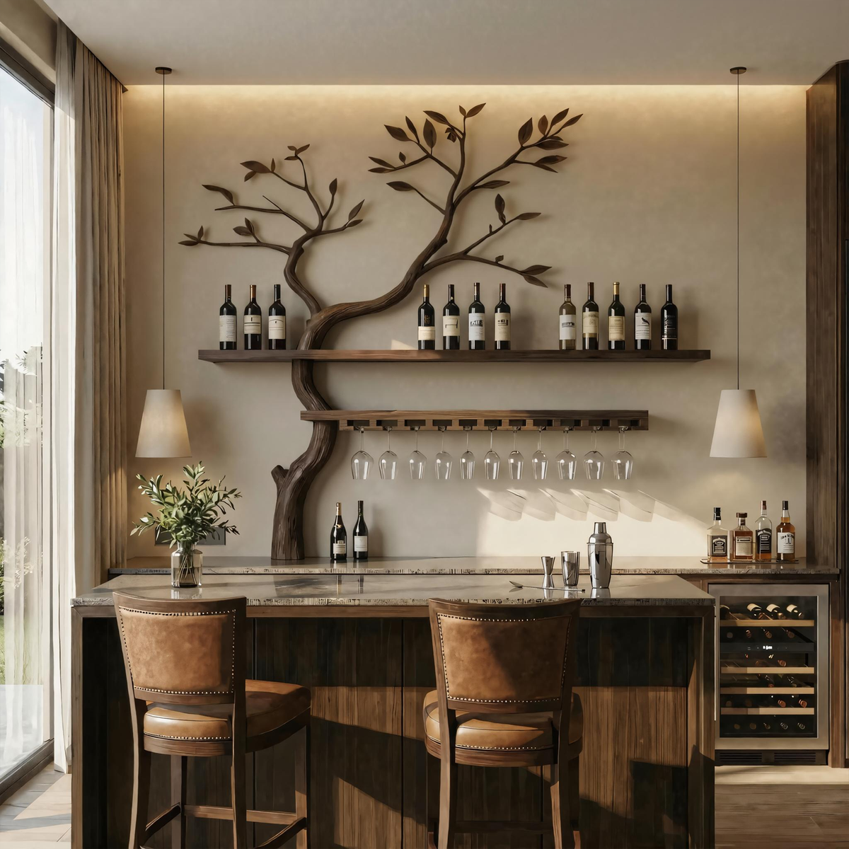 Monkey Pod Wood Tree Wall Wine Rack With Bottle And Glass Display