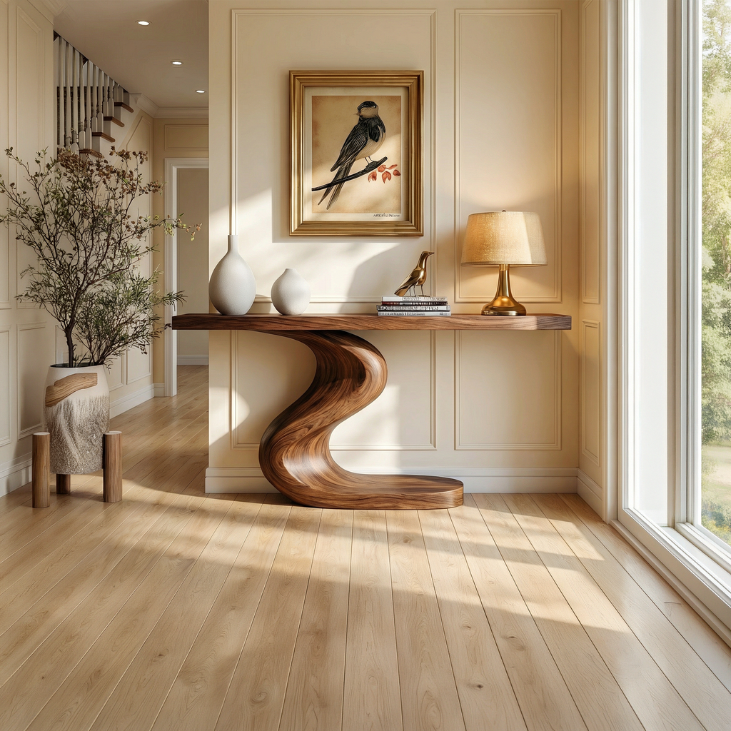 Fluid Carved Base Wood Console For Hallways, 30 To 70 Inch Wide