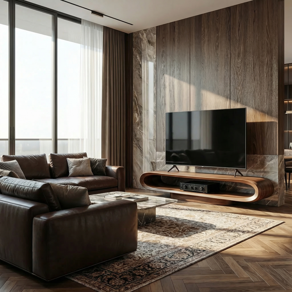 Low Profile Curved Edge Wooden Media Console For Living Rooms