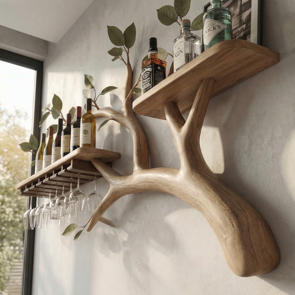 Farmhouse Tree Branch Wine Rack Wooden Wall Mounted Shelf For Kitchen Dining Room Home Bar