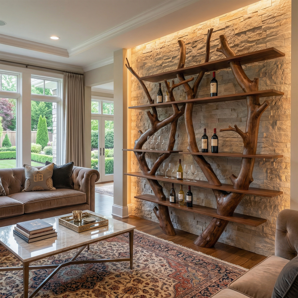 Large Wall Wine Rack, Contemporary Solid Wood Branch Bar Shelf