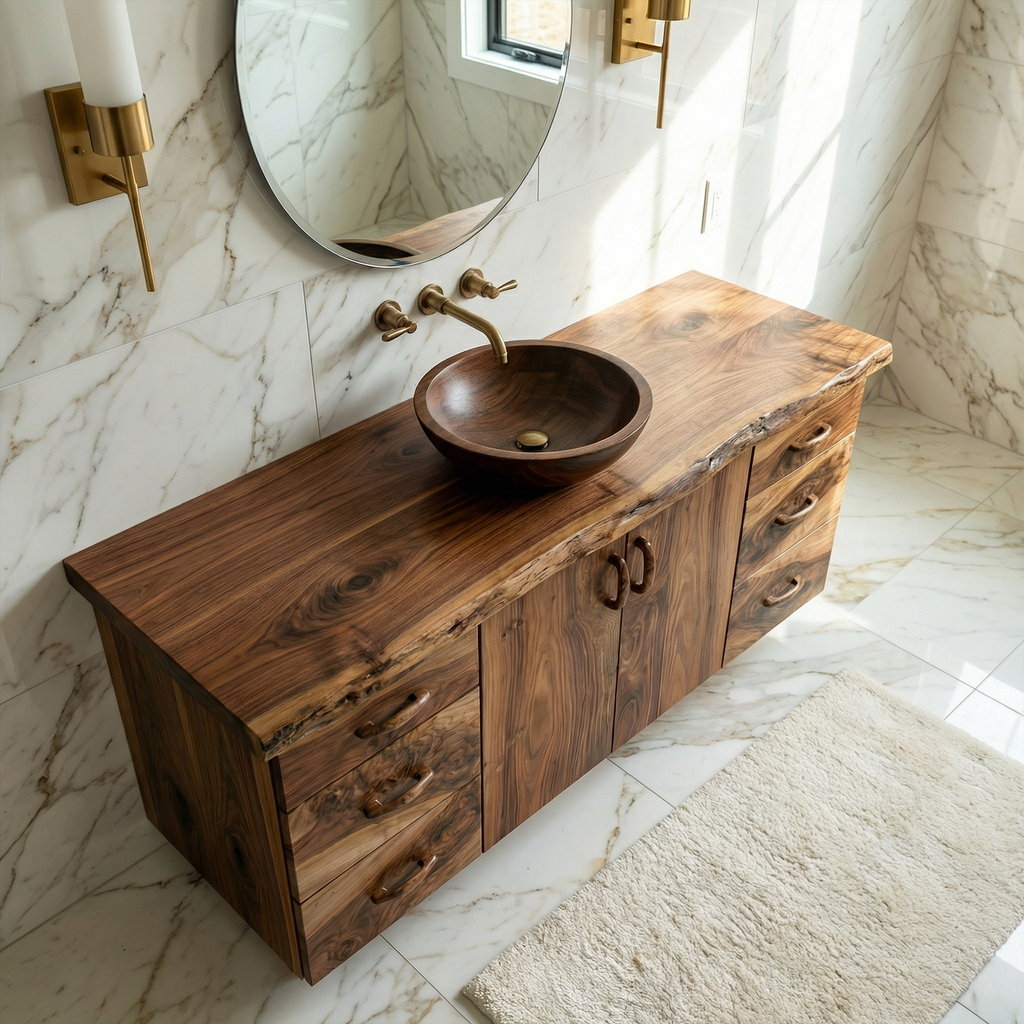 Floating Bathroom Vanity, Live Edge Solid Wood Slab Wall-Hung Cabinet