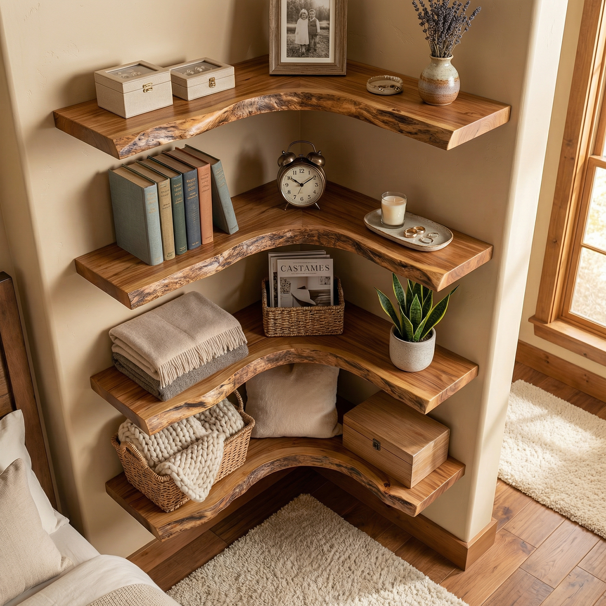 Corner Floating Shelf, Raised Grain Solid Wood with Mortise and Tenon