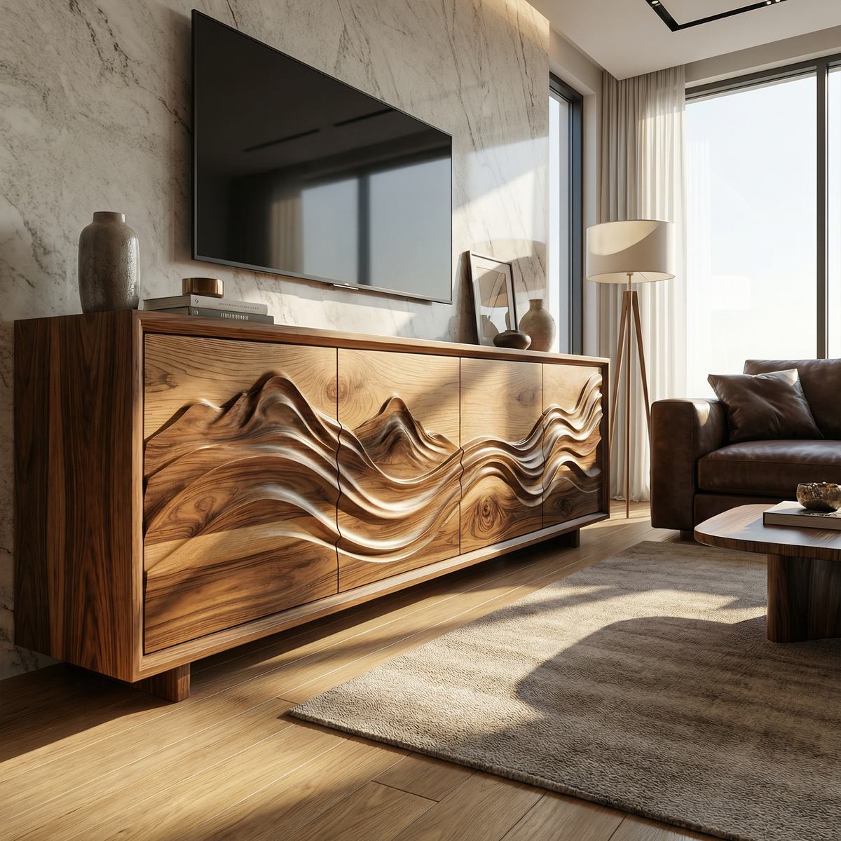 Handcrafted Sculptural Storage Cabinet Solid Wood Living Room