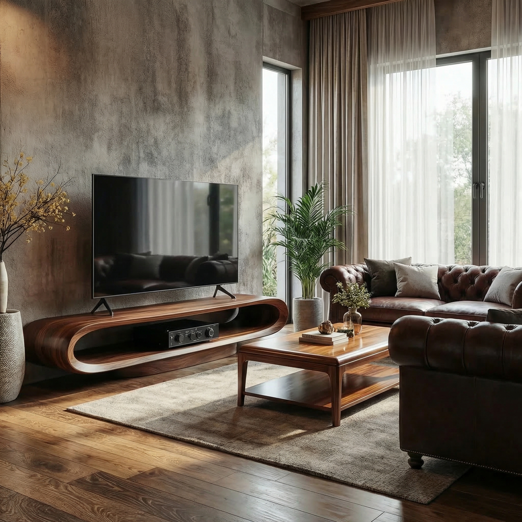 Low Profile Curved Edge Wooden Media Console For Living Rooms