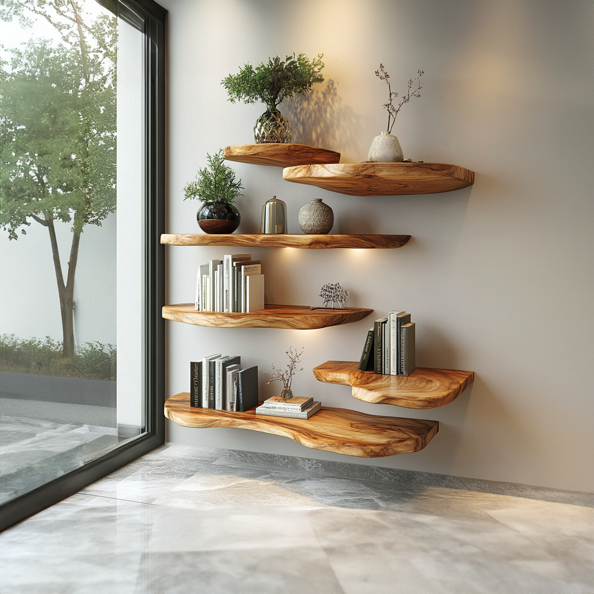 Live Edge Wall Shelf, Rustic Natural Wood Floating Ledge for Bedroom