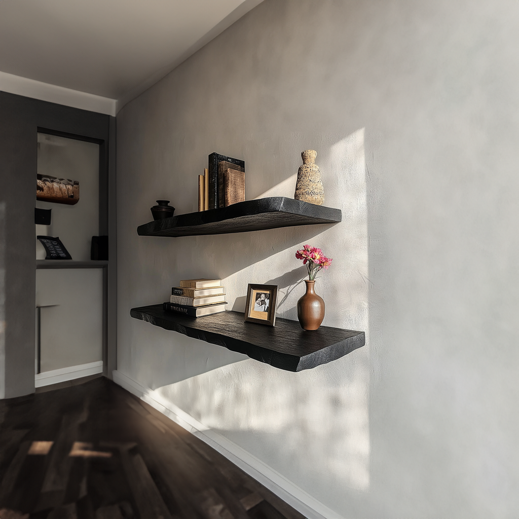 Black Live Edge Floating Shelf, Rustic Modern Solid Wood Wall Shelf