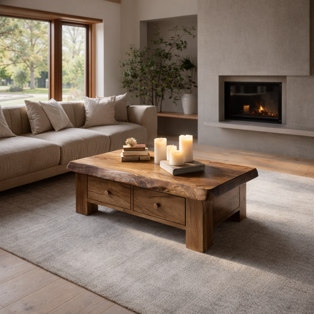 Tamarind Wood Coffee Table With Storage Drawer, 30 To 50 Inch