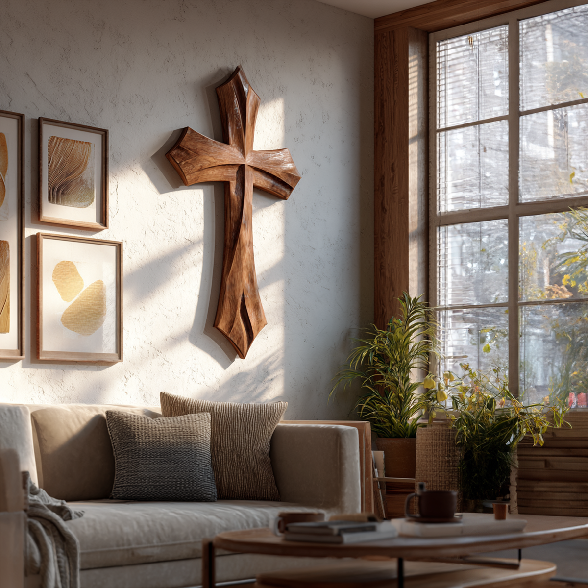 Rustic Wall Cross, Handmade Natural Wood Accent for Prayer Room