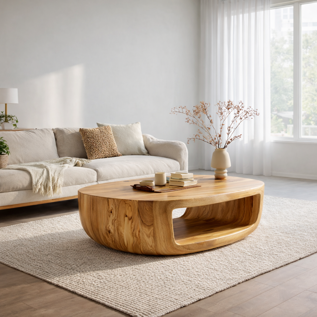 Shell Shaped Solid Tamarind Coffee Table, 22 To 42 Inch Wide