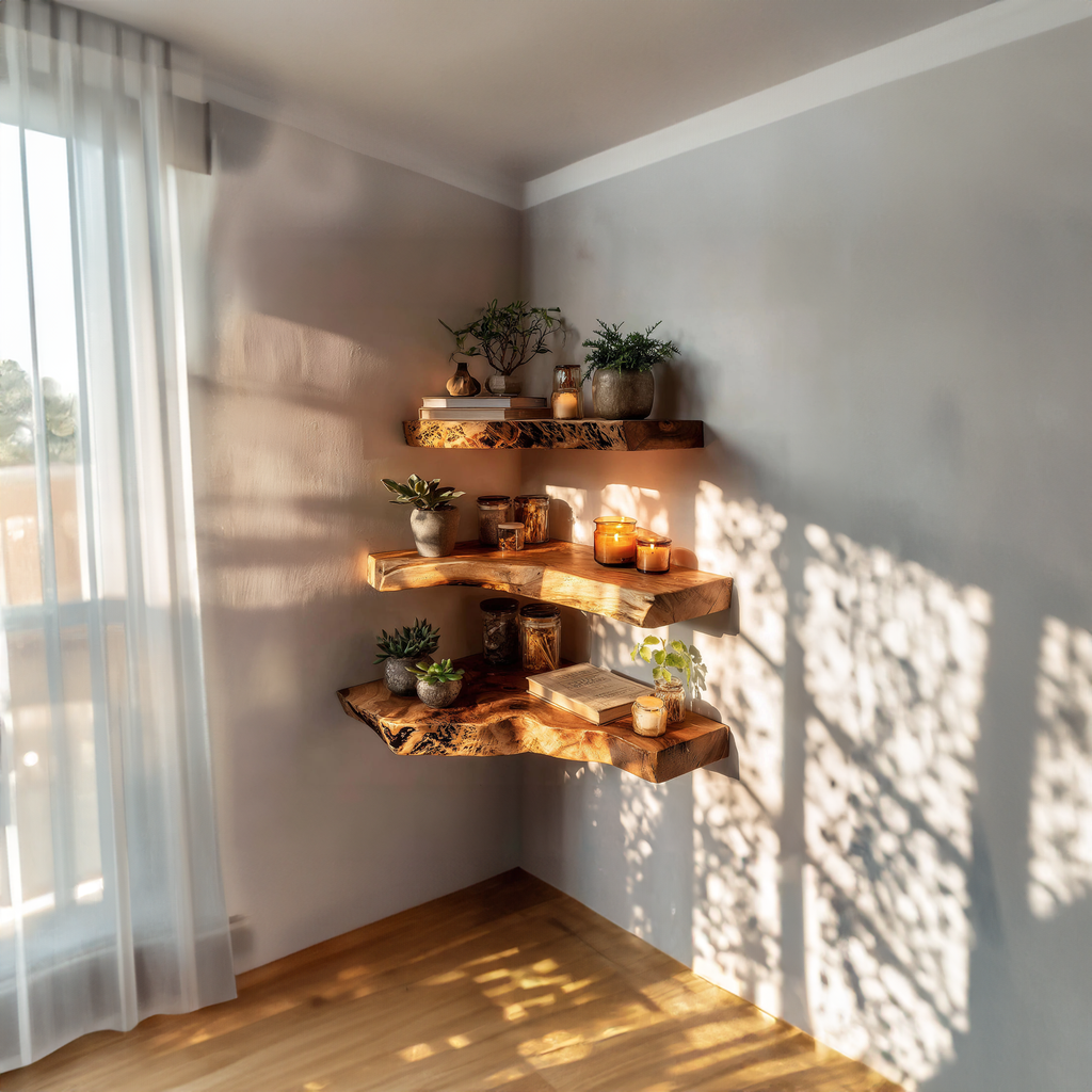 Corner Shelf, Live Edge Tamarind Wood Floating Display for Bathroom