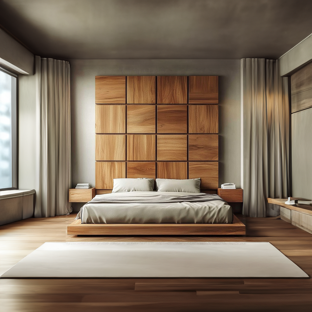 Handcrafted Wooden Panel Headboard Solid Wood Bedroom Interior Clean Line Design