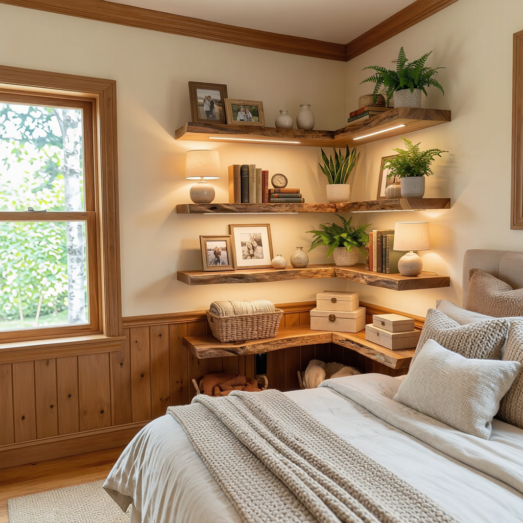 Farmhouse Corner Floating Shelf, Solid Wood Living Room Shelf
