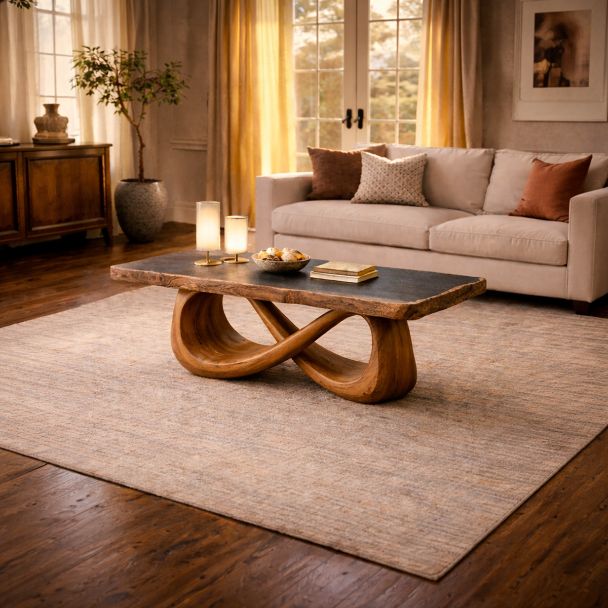 Sculptural Loop Coffee Table, Warm Modern Tamarind Wood Table