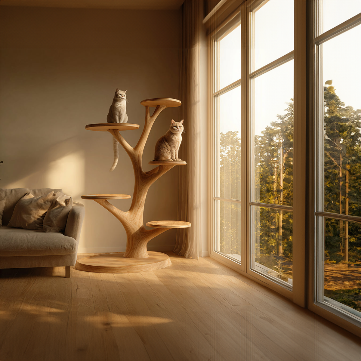 Wooden Cat Tree Tower, Rustic Solid Wood Cat Climber for Home